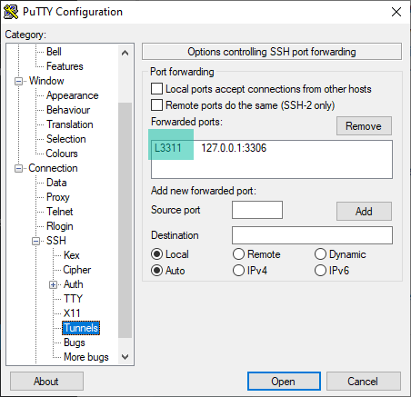 Putty SSH connection example